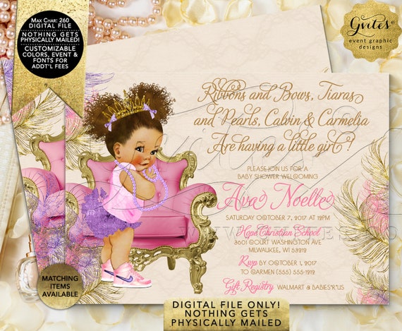Pink Purple & Gold Baby Shower Invitation | Afro Puffs Vintage | Printable Digital File | JPG + PDF | 7x5" Double Sided