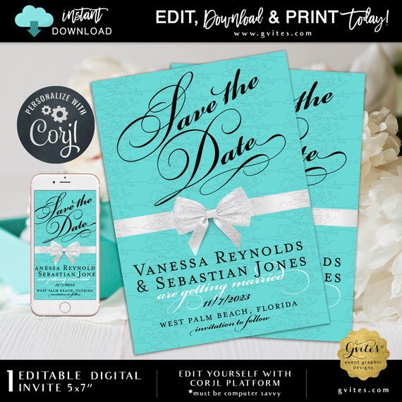 Editable Save The Date Card Turquoise Blue Instant Download 5x7"