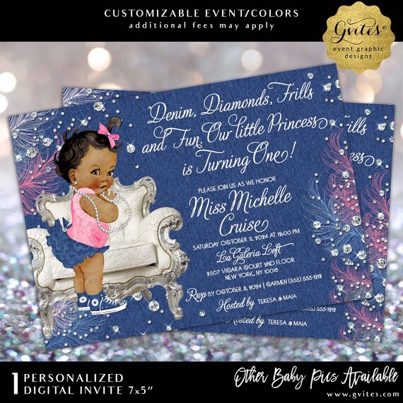 Denim Diamonds Frills and Fun. Pink Blue and White Printable First Birthday Invitation 7x5"