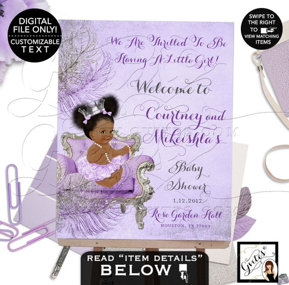 Lavender Purple Silver Baby Shower Welcome Sign African American | JPG + PDF Design: CWCHSP-103 By Gvites