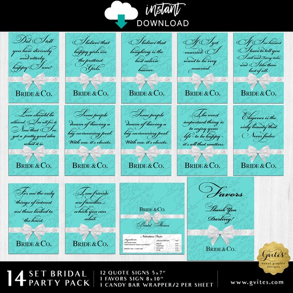 Bride and Co Bridal Shower Party Package Instant Download Set of 14 | Audrey Hepburn Quote Prints\Favor sign & Candy Bar Wrapper Printable