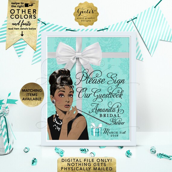 Custom Audrey Hepburn GUESTBOOK sign/ please sign our guest book/ decor/ breakfast at/ and co blue theme/ 8x10 CUSTOMIZABLE