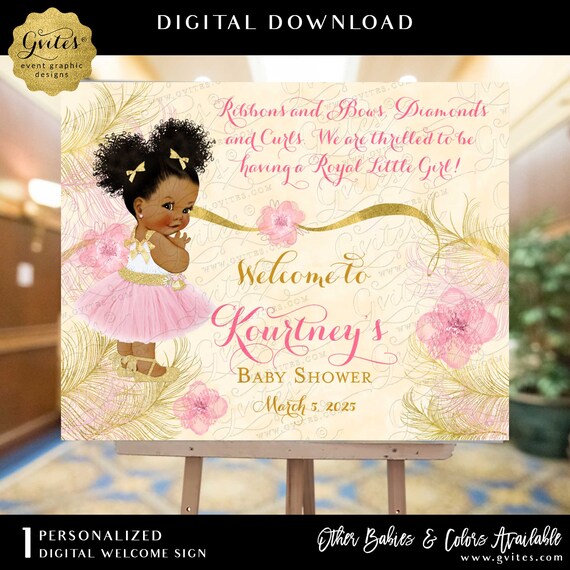 Shimmering Feathers Blush and Gold Floral Afro Puffs Ballerina Welcome Sign Poster Printable/Digital