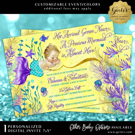 Printable Mermaid Baby Shower Invitation Teal Turquoise Yellow and Purple | Digital File 7x5"JPG + PDF