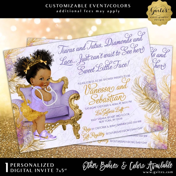 Purple & Gold Baby Shower Printable Invitation | Tiaras and Tutus Diamonds and Lace Digital Invite | Baby Girl Princess Theme | 7x5"