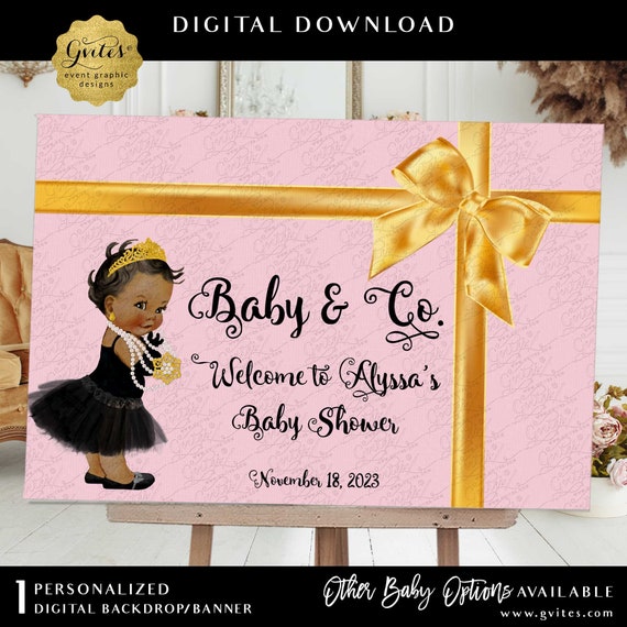 Baby Co Backdrop Welcome Banner Decoration Printable Pink & Gold Bow