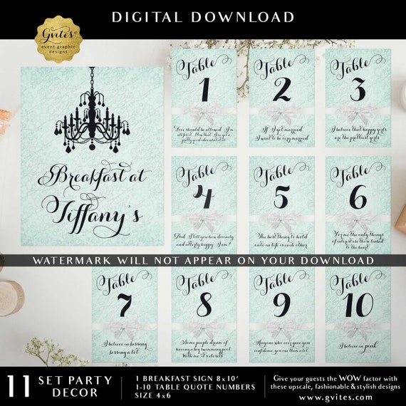 Table Numbers with Audrey Hepburn Quotes Bundle Breakfast Instant Download | Set of 11 - Sign 8x10" Table Numbers 1-10/4x6"