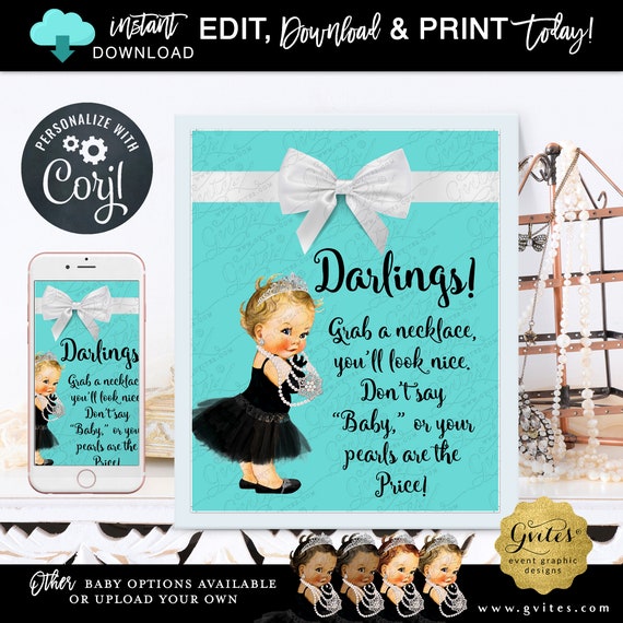 Blue Don't say baby - Printable Pearl necklace baby shower game sign 8x10"