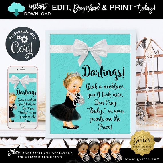 Baby Shower Game Don't Say Baby | Pearl Necklace sign digital download 8x10" Corjl Template