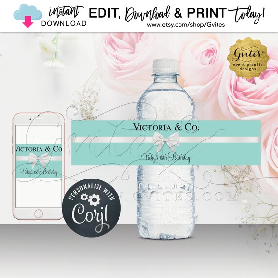 Name & Co Water Bottle Labels 18th Birthday Labels Stickers Breakfast at themed. Instant Download