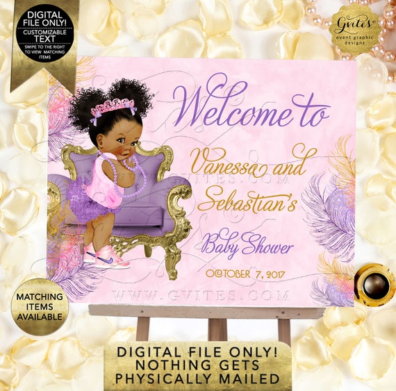 Pink Purple GOLD Welcome Baby Shower Sign/ Afro Puffs/ ethnic princess printable poster signs/ Printable 20x16"