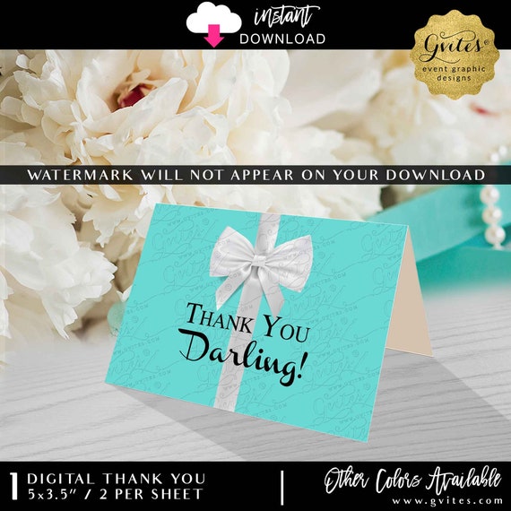 Thank You Darling! Blue White Bow Instant Download Printable File  5x3.5" 2 Per/ Sheet