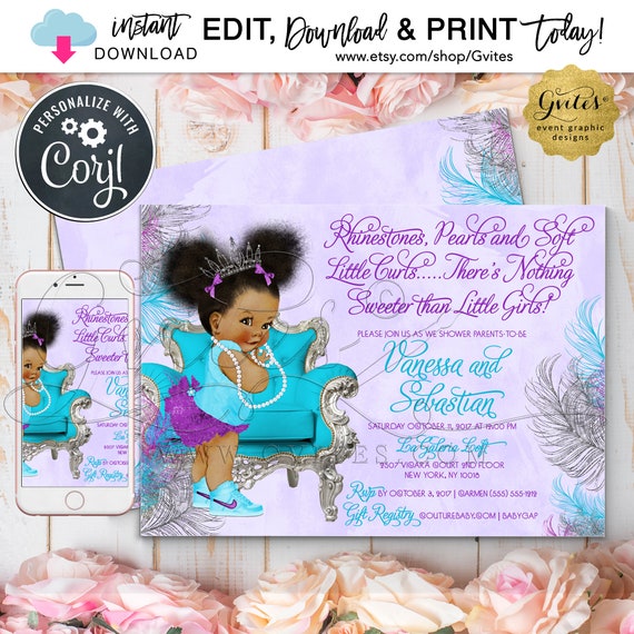 Rhinestones Pearls Lilac-Purple Silver Aqua-Blue Watercolor Feathers Baby Shower Invitation by Gvites