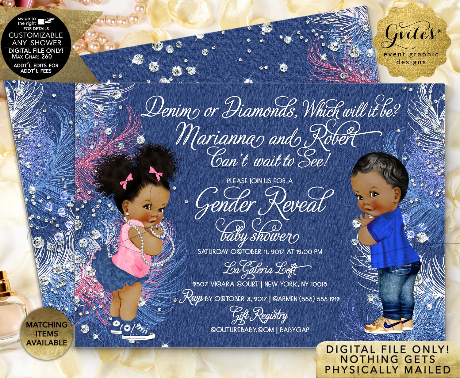 Gender Reveal Baby Shower Invitations African American Denim or
