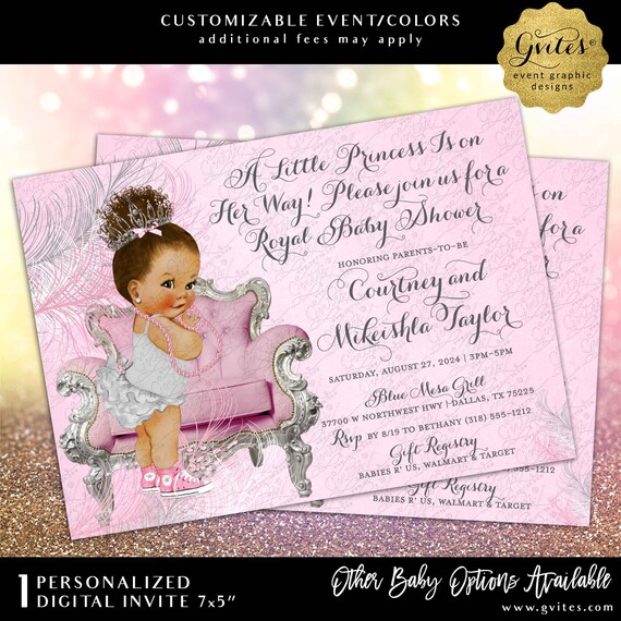 Pink Silver Baby Shower Invitation Afro Bun Ethnic Princess Ribbons Bows Diamonds Girl by Gvites