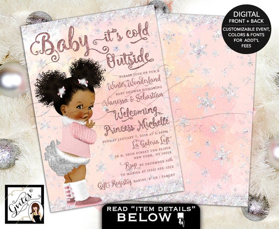 Winter Wonderland Shower Pink & Silver Baby it's Cold Outside Invitations/ African American puffs/ Ethnic vintage Baby Girl Silver Diaper