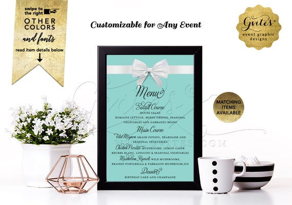 Elegant Menu Cards Customizable Any Event. Breakfast at Bridal Co Blue & White Bow/Printable 4x6/5x7 or 4x9" Digital.