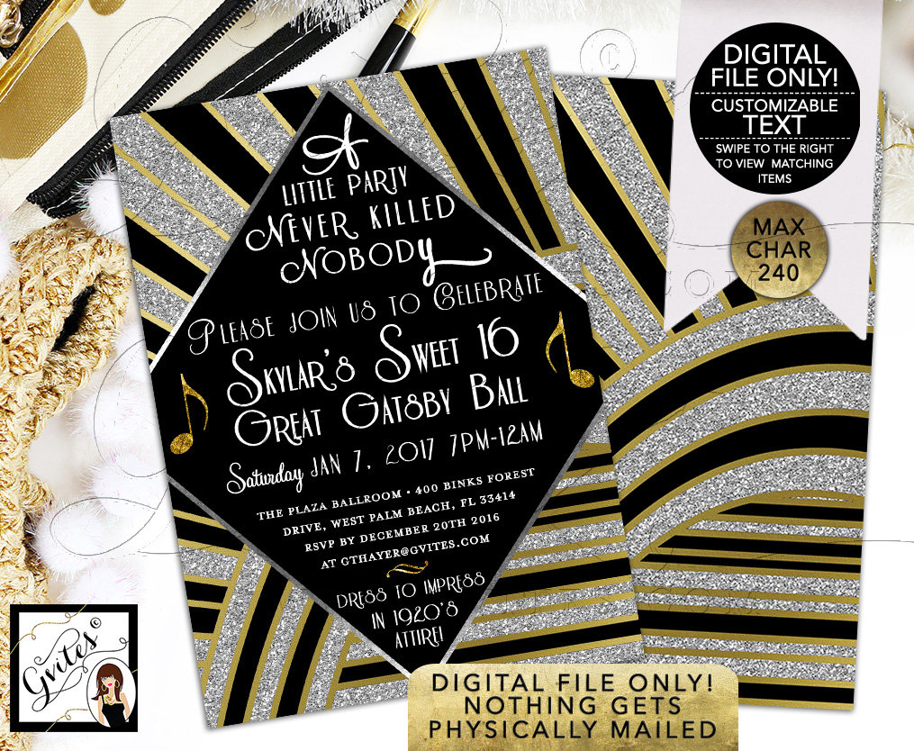 Great Gatsby Sweet 16 Printable Birthday Invitation / Gold and - Etsy  Denmark