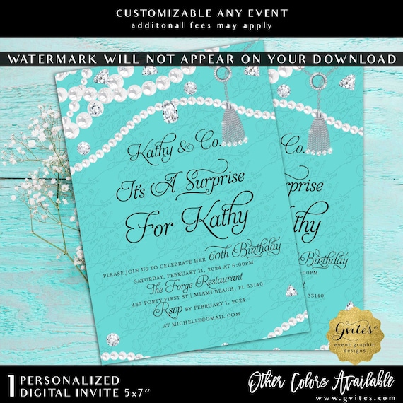 Blue Theme Diamonds and Pearls Bling Surprise 60th Birthday Party | Digital File 5x7"