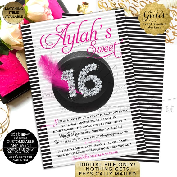 Sport's Theme Sweet 16 Pink Black White Invitations | Hockey Invitation | Teen Birthday Girl Party Printable | Customizable Any Event 5x7"