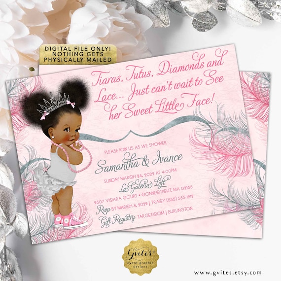 Ethnic Baby Invitations/ African American Princess Pink Silver Tutu diamonds Pearl Necklace Afro Puffs Pink High Tops/ Digital/ Printable