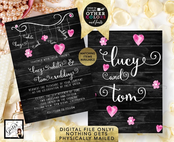 Country Wedding Invitation | Black Pink and White | Foil Wood Bridal Card Invites