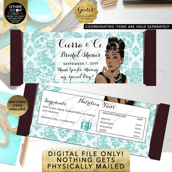 Personalized Blue Candy Bar Wrapper Labels / Party Favors /Bridal Shower Gifts Table Decorations / Audrey Hepburn African American.