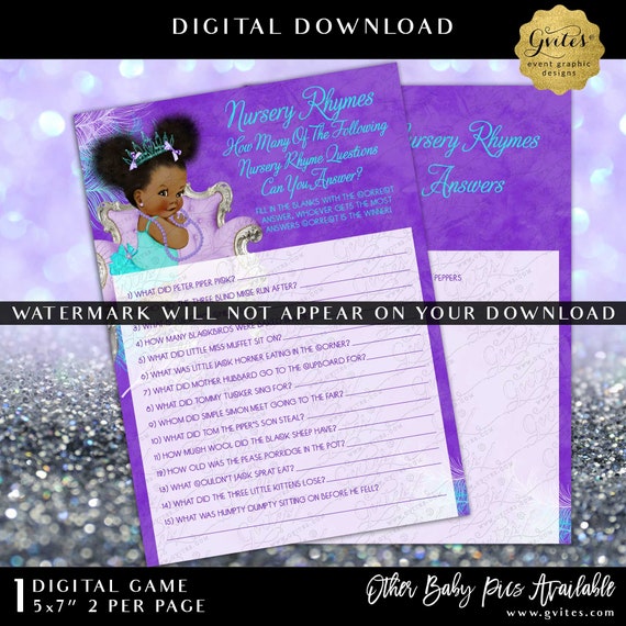 Turquoise Purple and Glitter Baby Shower Nursery Rhyme Game Instant Download