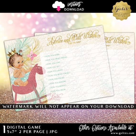 Printable Baby Shower Wish Cards | Advice for Baby Mint Gold Pink | Little Princess Gold Crown Pink Rocking Horse | JPG Instant Download