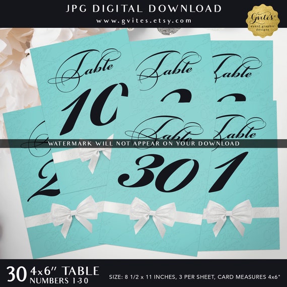 Breakfast Blue Table Numbers 1-30. JPG Digital Download. 4x6"/3 Per Sheet