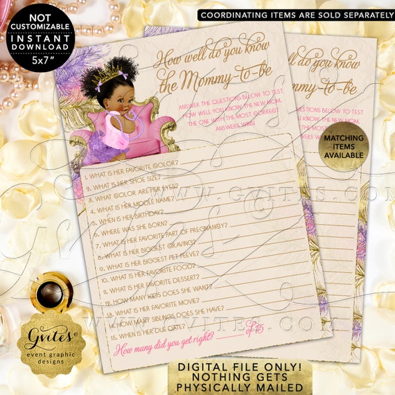 How Well Do You Know Mommy-To-Be Baby Shower Game Pink Purple Gold | Dark Puffs/Curly | Instant Download JPG + PDF | Design: TIACH-120
