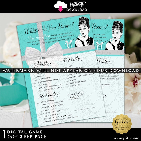 Printable Bridal Shower Game What's in your purse Caucasian Audrey Hepburn with Cigarette Theme 5x7" 2 Per Sheet | Instant Download