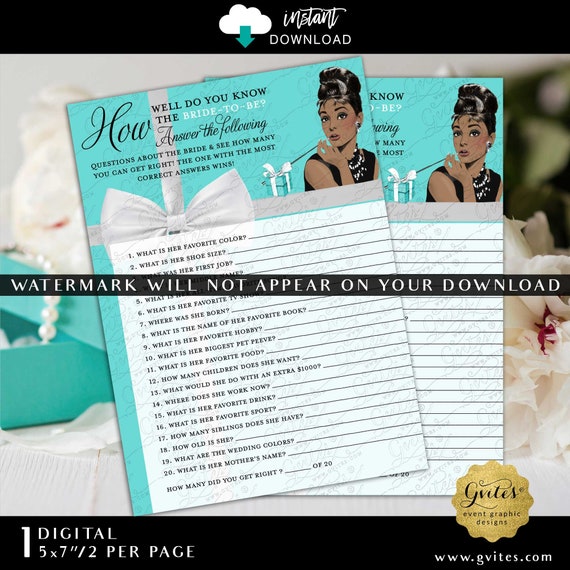 Bridal Shower Printable Game Cards. How Well Do You Know The Bride-To-Be African American Audrey Hepburn 5x7" 2/Per Sheet