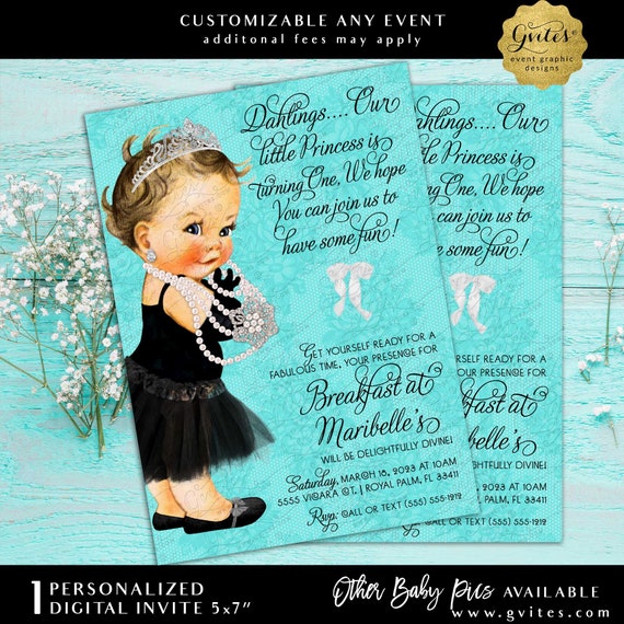 1st Birthday Breakfast Baby Girl Audrey Hepburn Printable Birthday Party 5x7" Digital File JPG + PDF