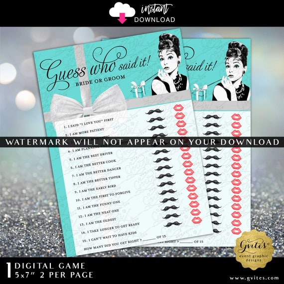 Audrey Hepburn Guess Who Said It? Breakfast at Bridal Shower Coed Game Printable