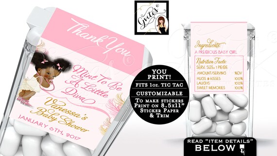 Printable Baby Shower Tic Tac Labels Pink Ivory & Gold. Afro Puffs with Pink Bows. Mint to Be a Little Diva