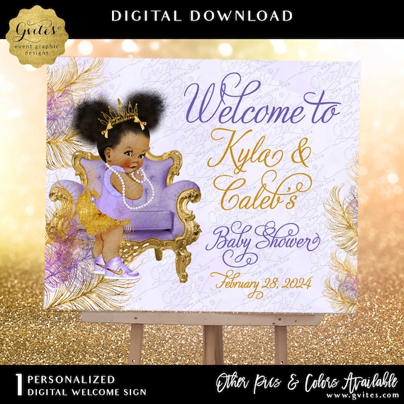 Purple Lavender and Gold Afro Puff Princess Baby Shower Welcome Sign Poster Board Printable
