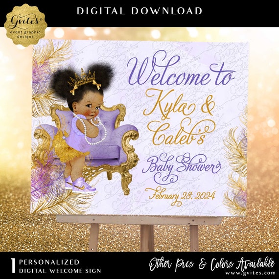 Purple Lavender and Gold Afro Puff Princess Baby Shower Welcome Sign Poster Board Printable 20x16" Digital Download