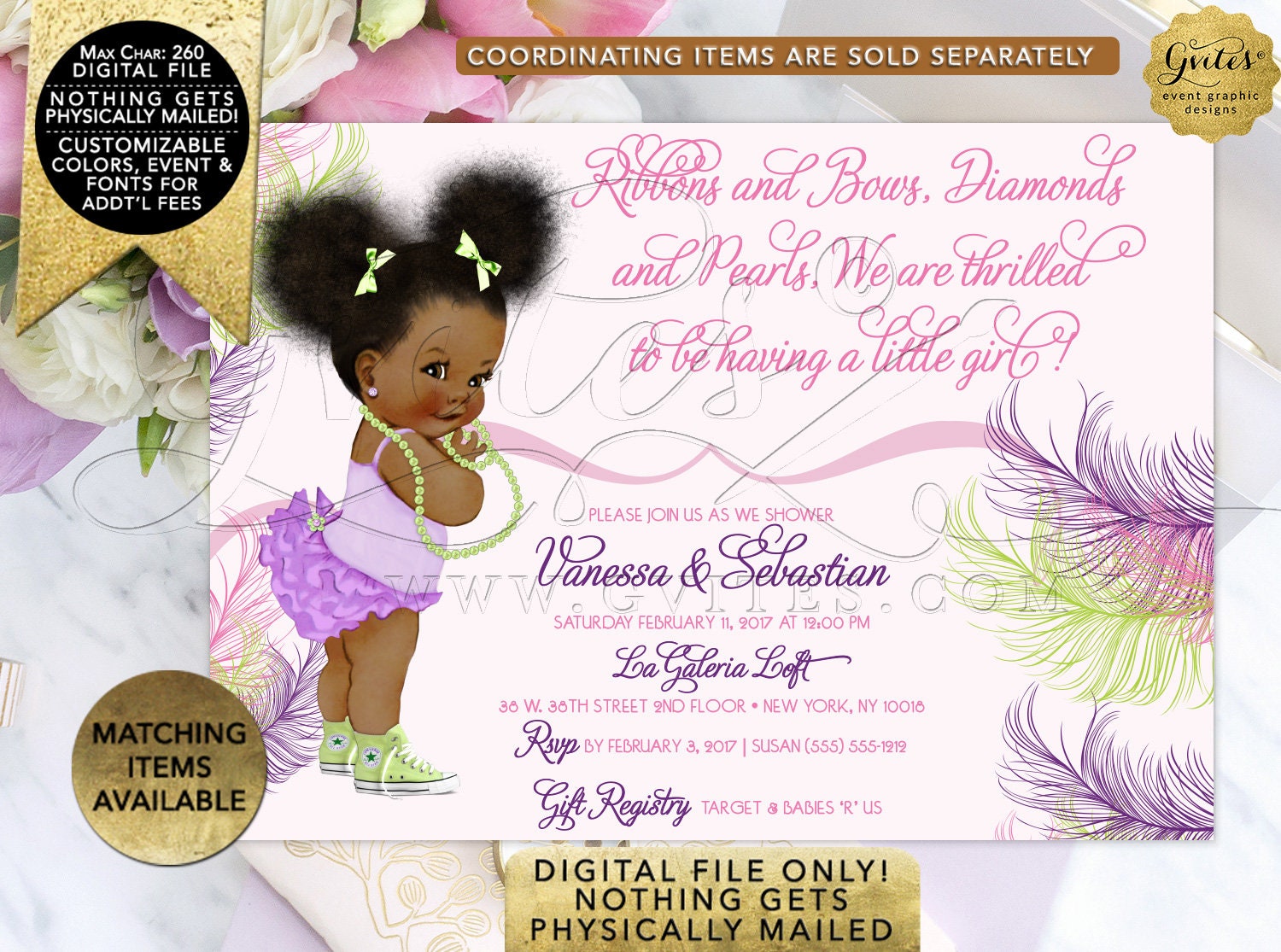 pink purple and lime green baby shower invitation/ african