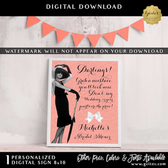 Personalized Pearl Necklace Game Sign | Audrey Hepburn Party Sign Blush Don't Say Wedding 8x10"