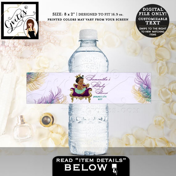 Peacock Baby Shower water bottle labels/ Bridesmaid Labels/ Princess Ballerina Teal Tutu Gold Crown Pearl Necklace/ PRINTABLE label