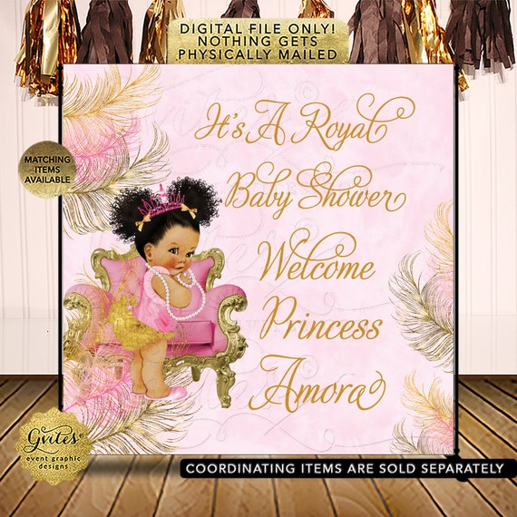 Pink & Gold Backdrop Baby Shower Photo Decorations/ Afro Bun Puffs Curly Vintage Girl/ Pink Slippers Princess/ Digital File JPG + PDF Il_570xn