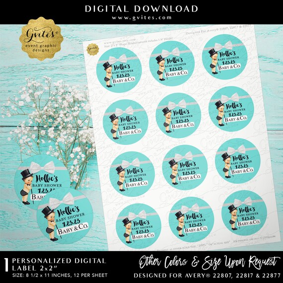 Thank you 2x2” Round Labels/Stickers Baby & Co Blue Party Theme Little Man Digital Download
