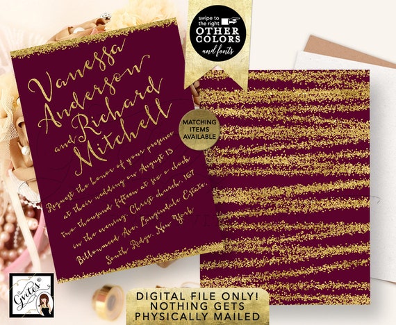 Printable Gold and Burgundy Wedding Invitation | Purple Glitter Calligraphy Elegant Modern | 5x7" Double Sided.