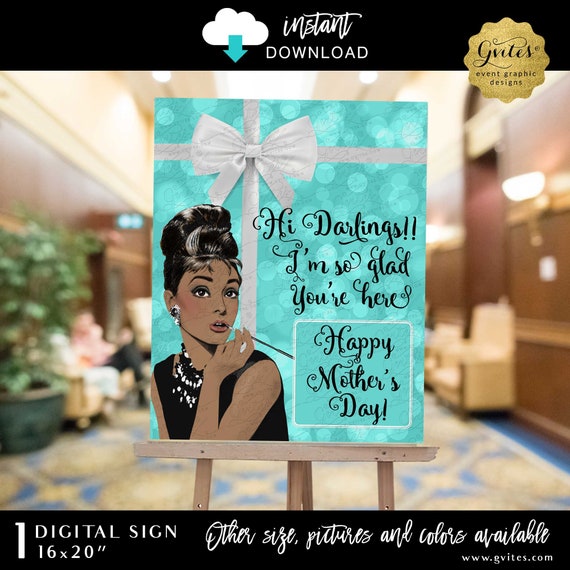 Printable Happy Mother's Day Sign Poster Audrey Hepburn Breakfast Blue Bokeh Background 16x20" Instant Download