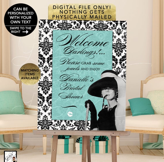 Bridal Shower Welcome Audrey Hepburn Printable Decorations/ Reception Poster For Easel/ Teal/ Blue. Customizable any text/ event.