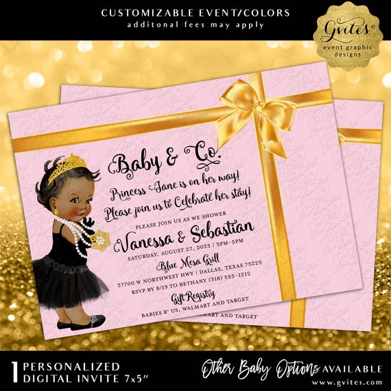 1st Birthday Audrey Hepburn Pink & Gold RIbbon | Baby and Co Printable Invitation 7x5" JPG + PDF