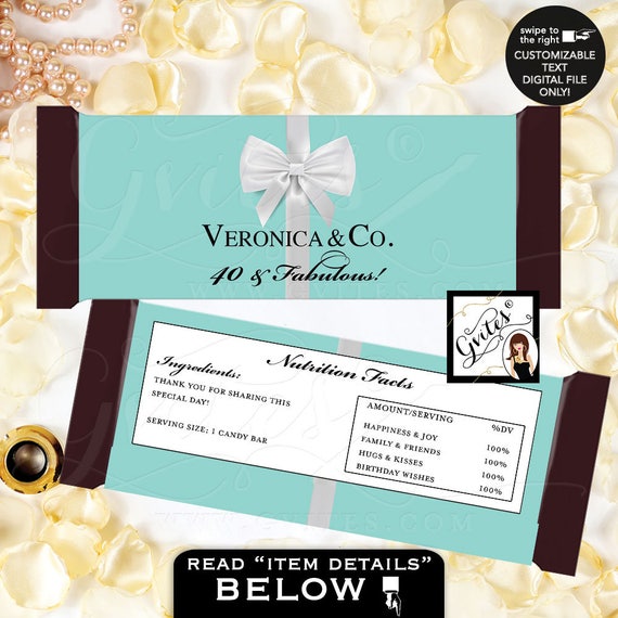 Candy Bar Wrapper/ 40 & Fabulous Breakfast at BIRTHDAY and co. party PRINTABLE chocolate wrapper/ customizable/ birthday party labels.