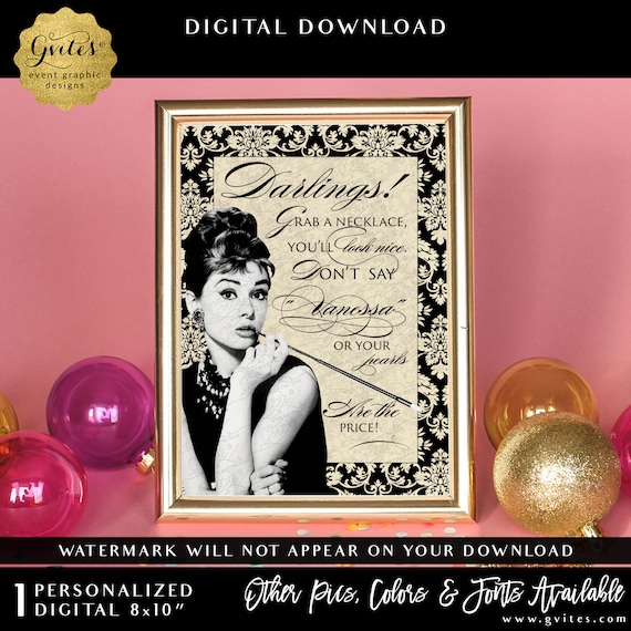 Ivory & Black Don't Say Wedding 8x10" Personalized Pearl Necklace Game | Audrey Hepburn Party Sign