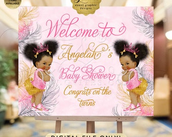 Welcome Pink Gold Twins Baby Shower Printable Sign